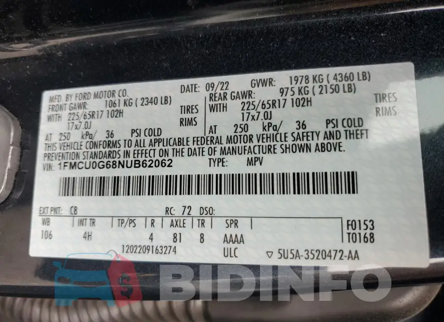 1FMCU0G68NUB62062 Photo# 13