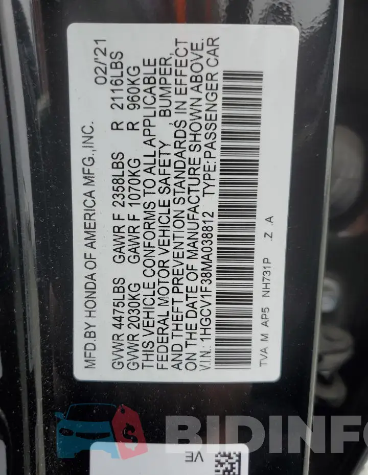 1HGCV1F38MA038812 Photo# 12