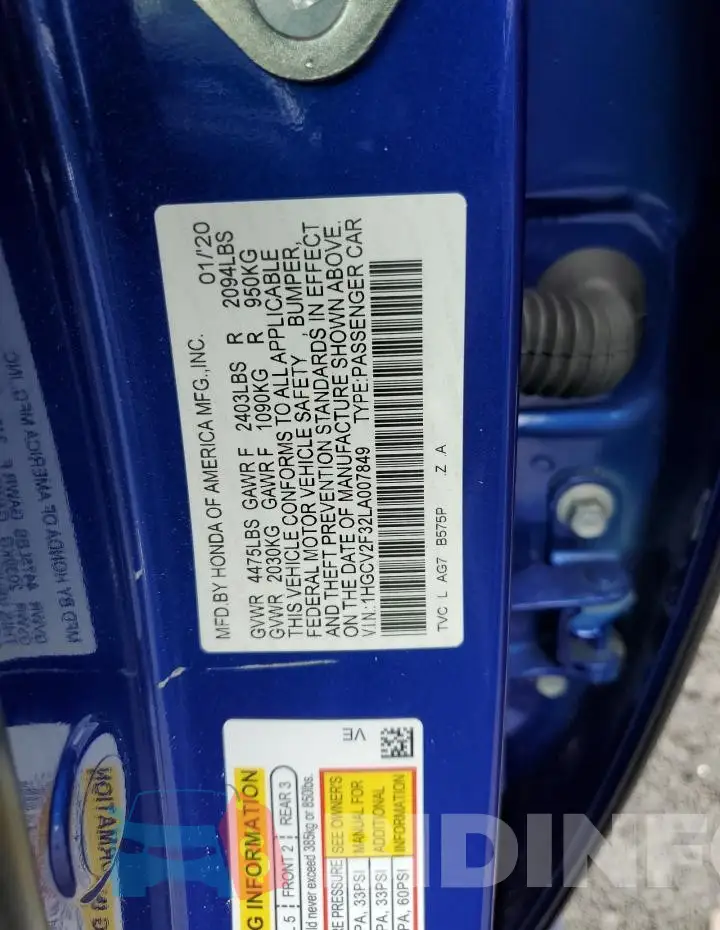 1HGCV2F32LA007849 Photo# 12