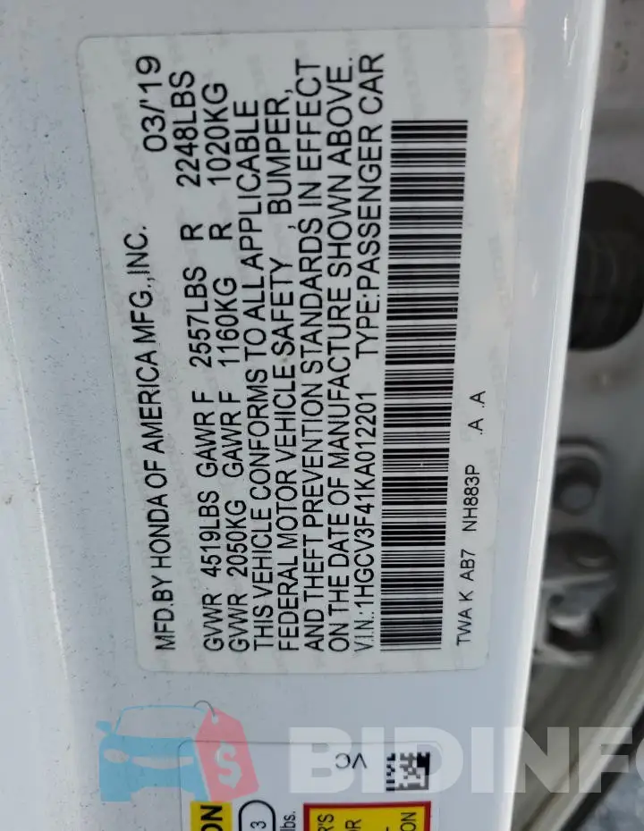 1HGCV3F41KA012201 Photo# 12