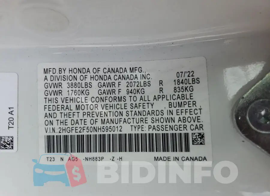 2HGFE2F50NH595012 Photo# 13