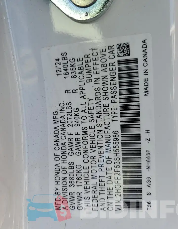 2HGFE2F53SH555986 Photo# 13