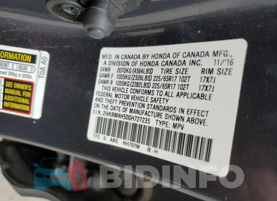 2HKRM4H50GH727235 Photo# 14