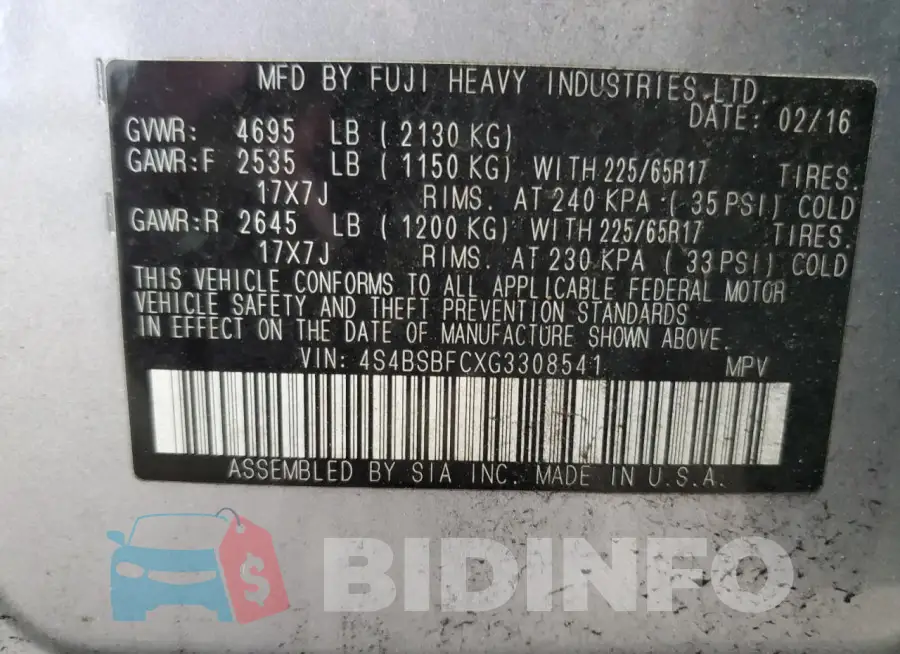4S4BSBFCXG3308541 Photo# 14