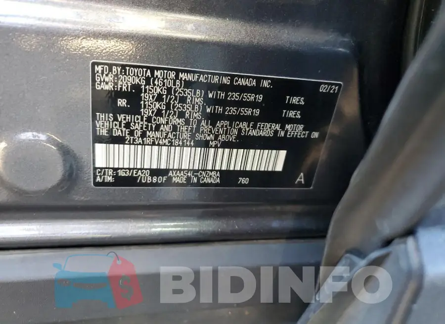 2T3A1RFV4MC184144 Photo# 13