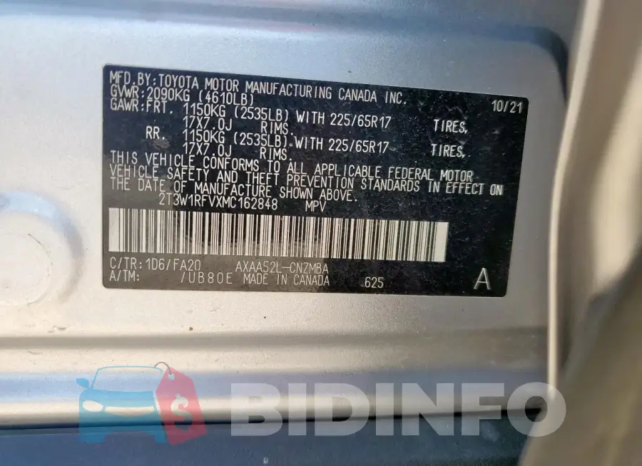 2T3W1RFVXMC162848 Photo# 13