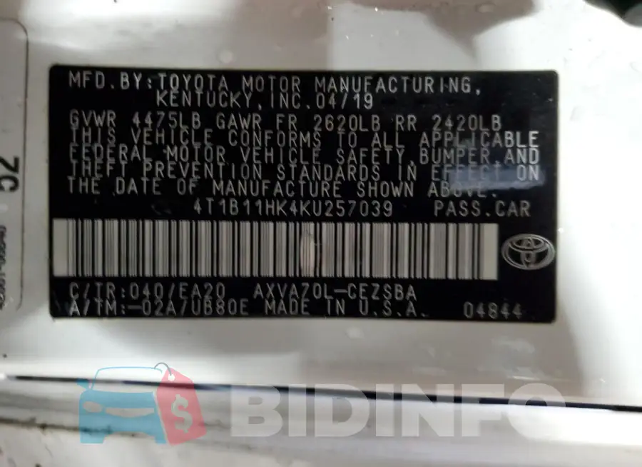 4T1B11HK4KU257039 Photo# 12