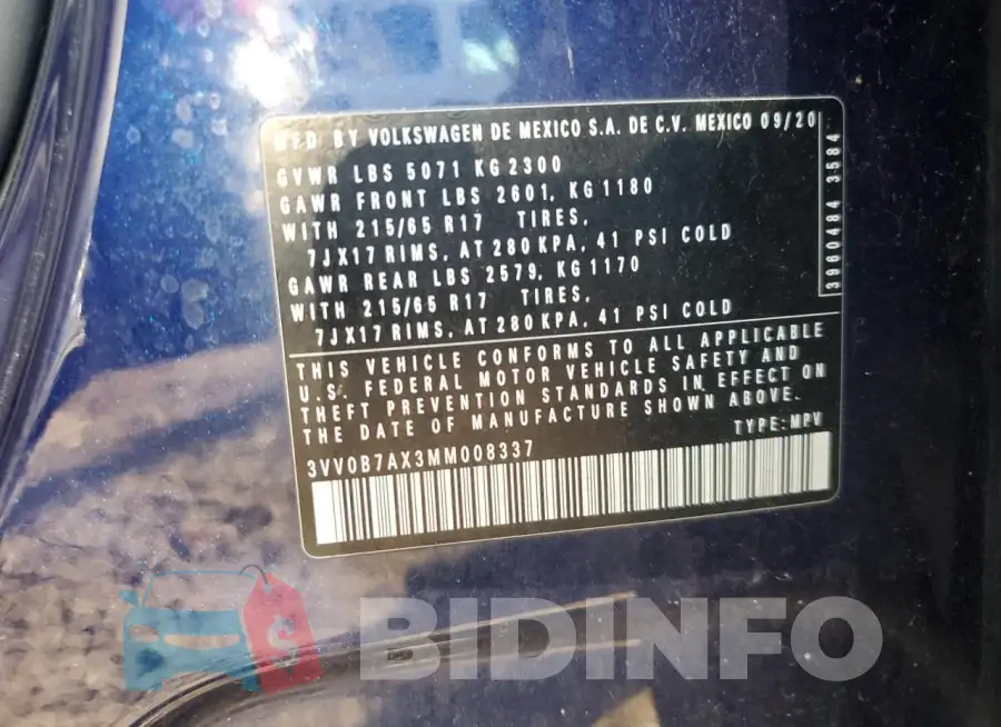 3VV0B7AX3MM008337 Photo# 13