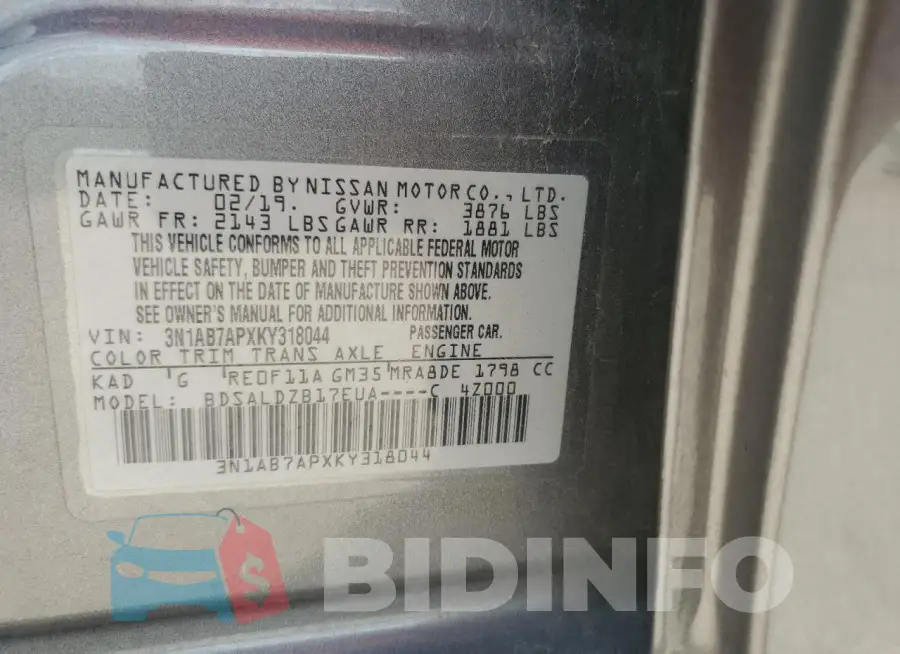 3N1AB7APXKY318044 Photo# 13