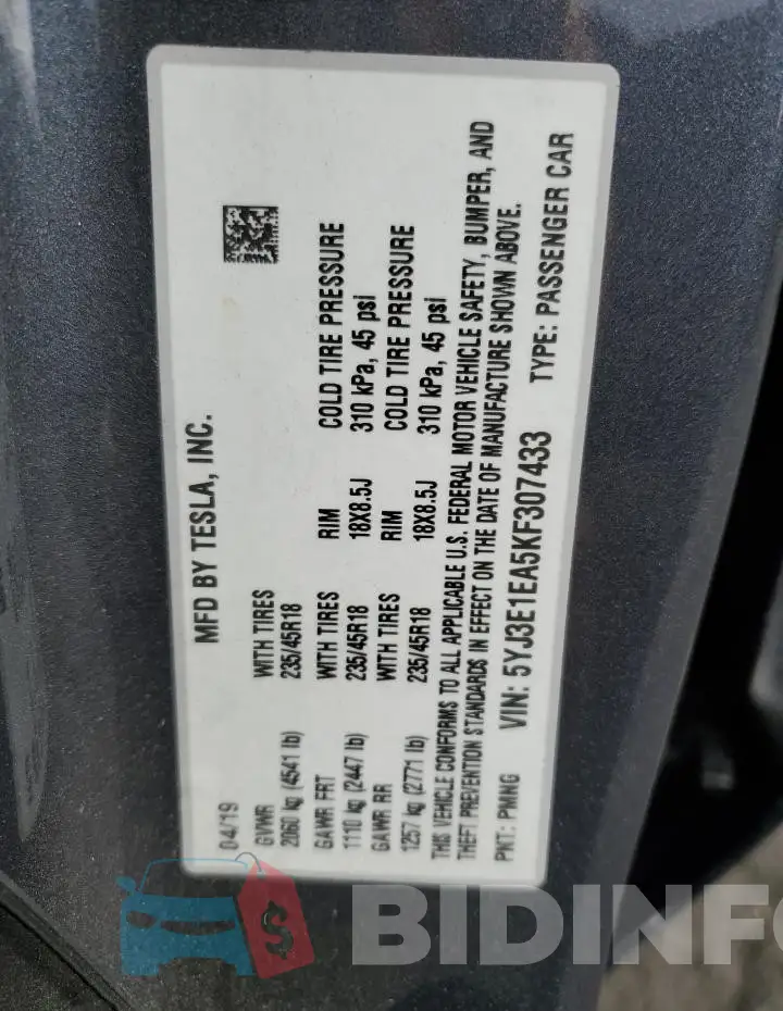 5YJ3E1EA5KF307433 Photo# 13