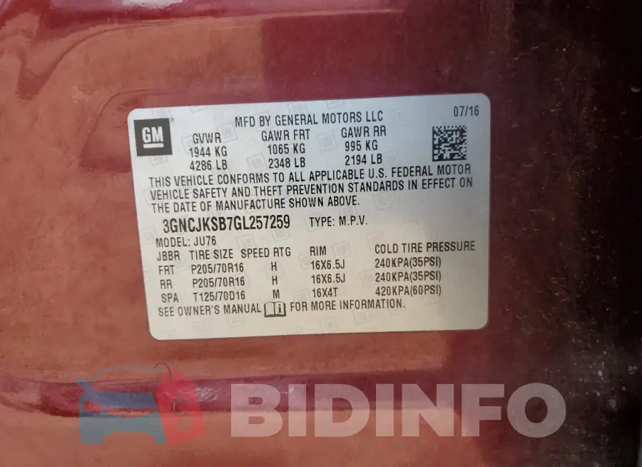 3GNCJKSB7GL257259 Photo# 12