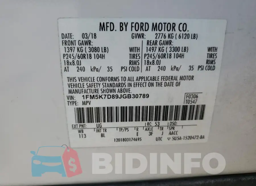 1FM5K7D89JGB30789 Photo# 13