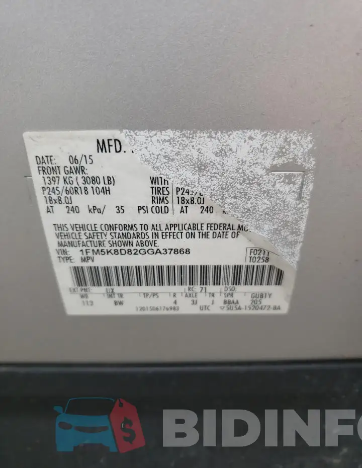 1FM5K8D82GGA37868 Photo# 14