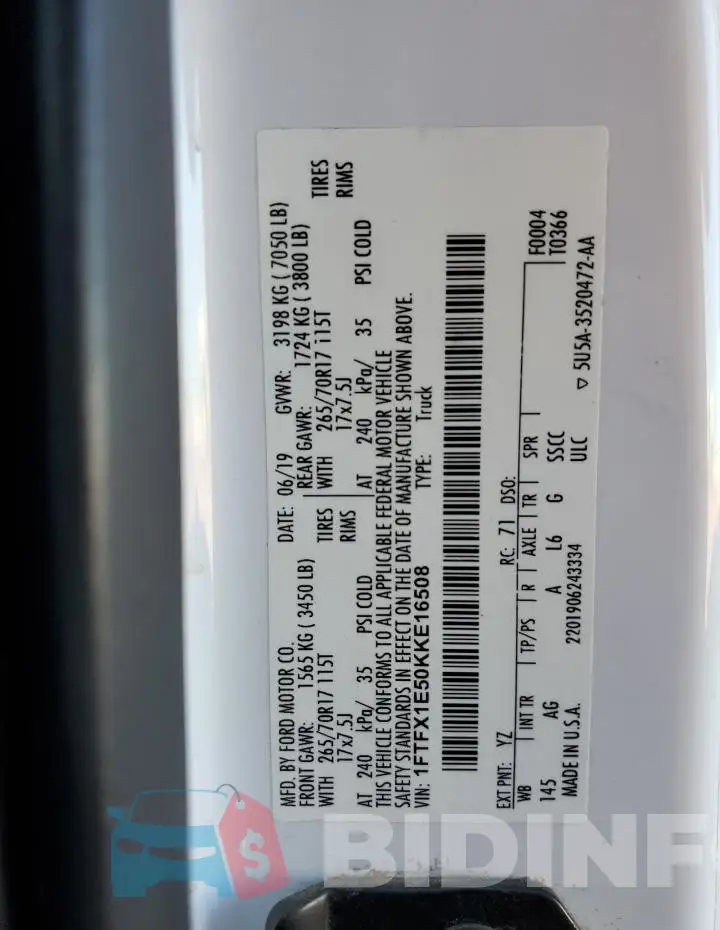 1FTFX1E50KKE16508 Photo# 13