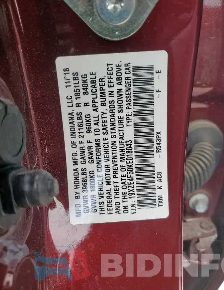 19XZE4F50KE018043 Photo# 12