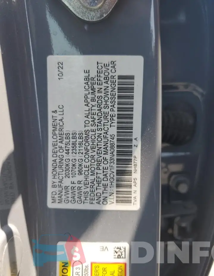 1HGCV1F33NA088745 Photo# 13