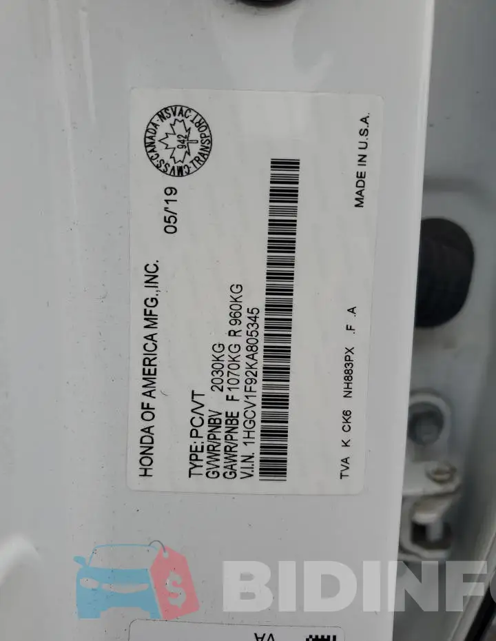 1HGCV1F92KA805345 Photo# 13