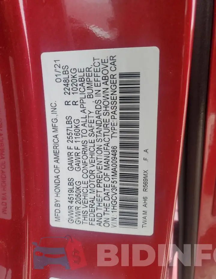 1HGCV3F51MA009486 Photo# 12