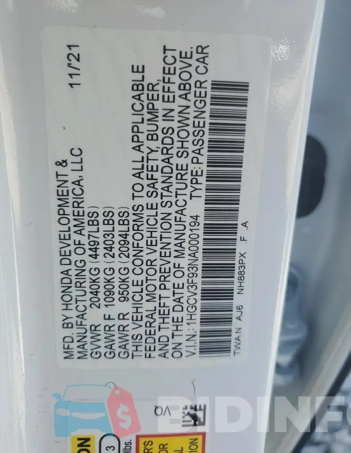 1HGCV3F93NA000194 Photo# 12