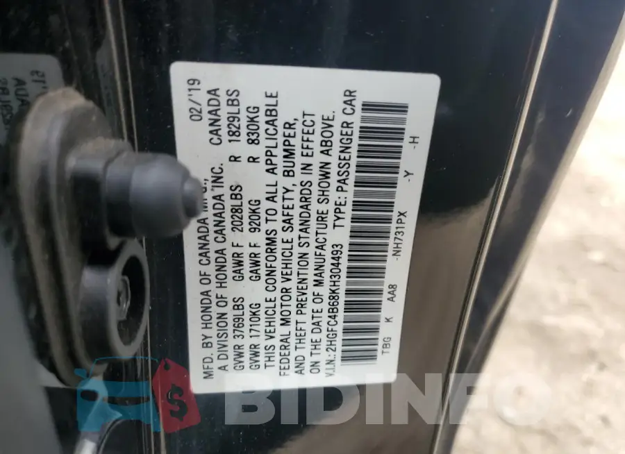 2HGFC4B68KH304493 Photo# 13