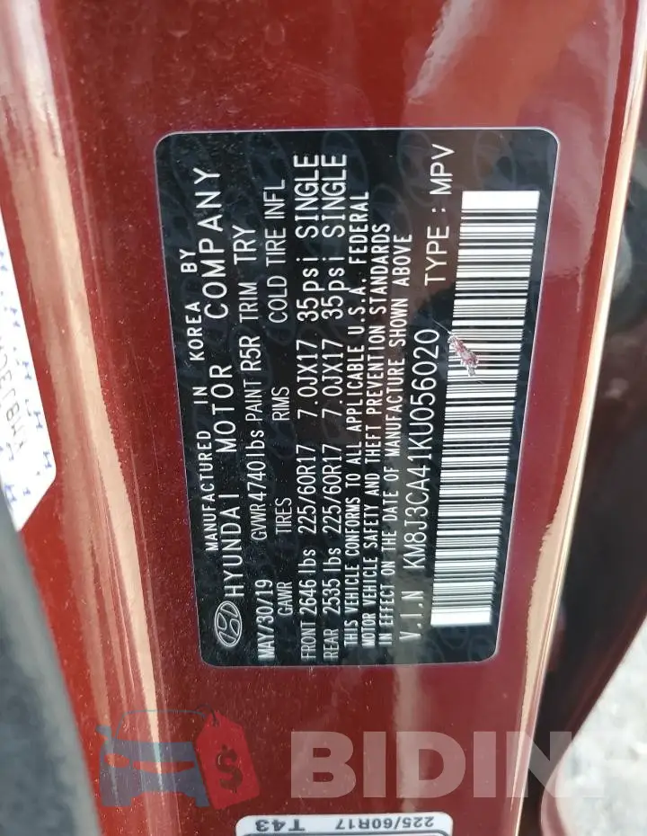 KM8J3CA41KU056020 Photo# 12