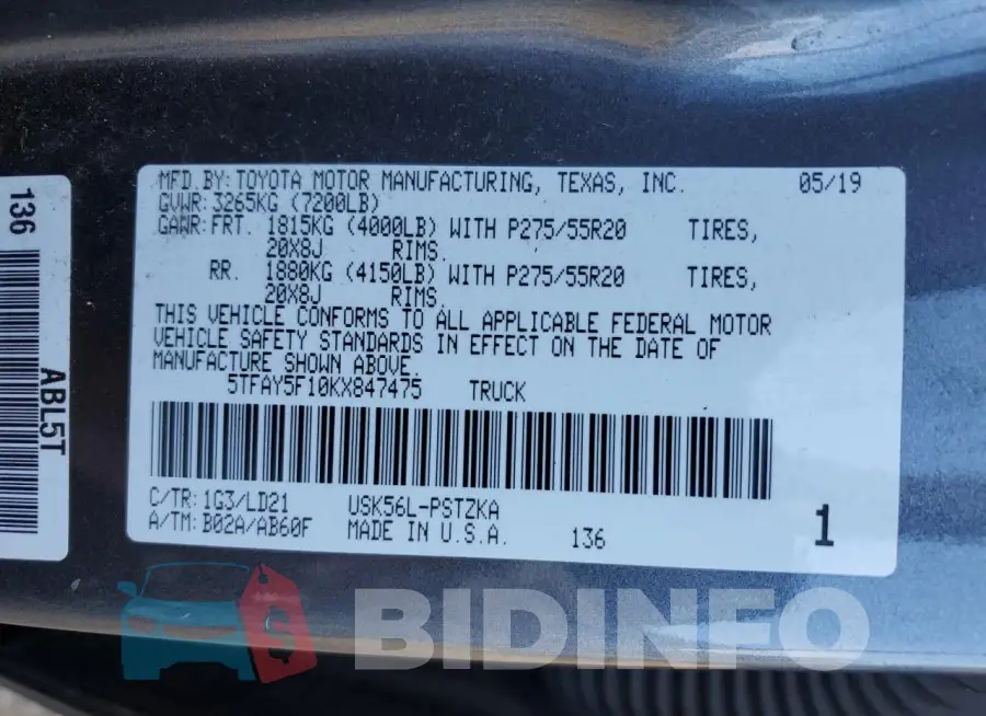 5TFAY5F10KX847475 Photo# 13