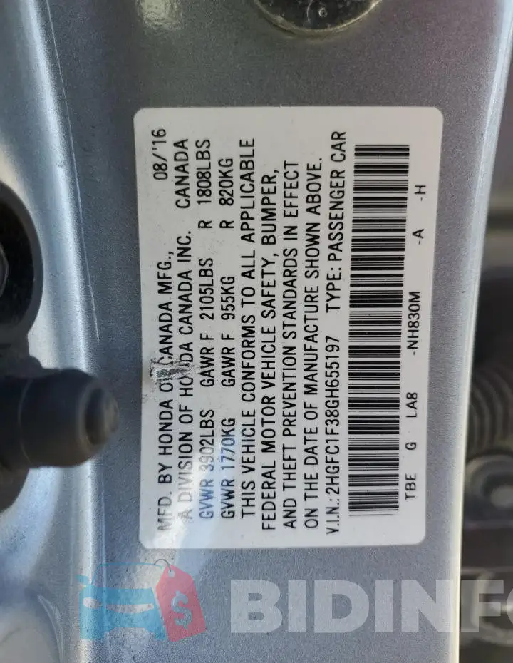 2HGFC1F38GH655197 Photo# 12