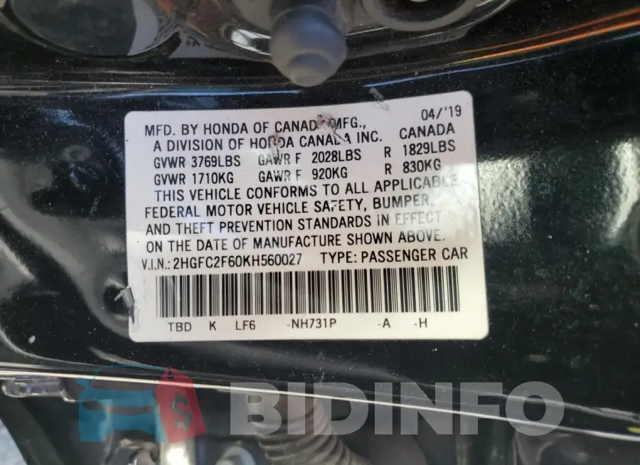 2HGFC2F60KH560027 Photo# 13