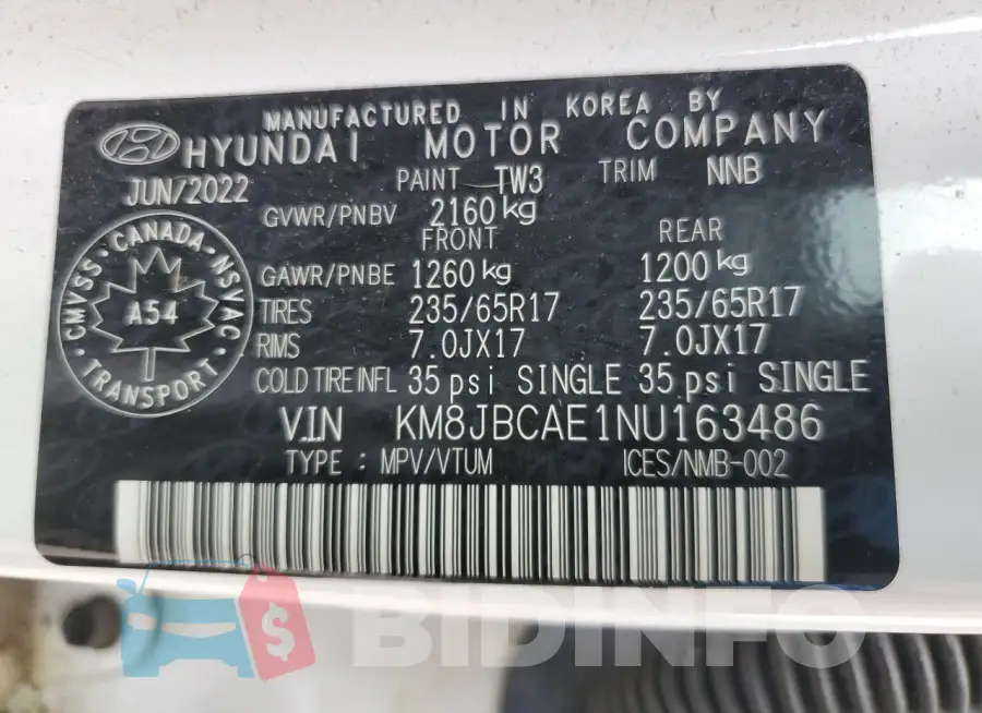 KM8JBCAE1NU163486 Photo# 13