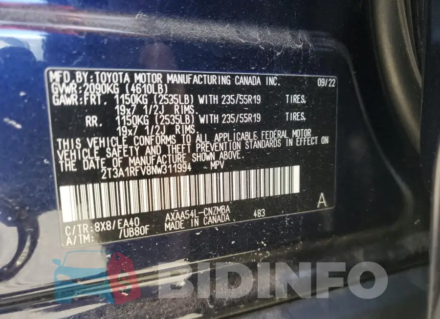 2T3A1RFV8NW311994 Photo# 13