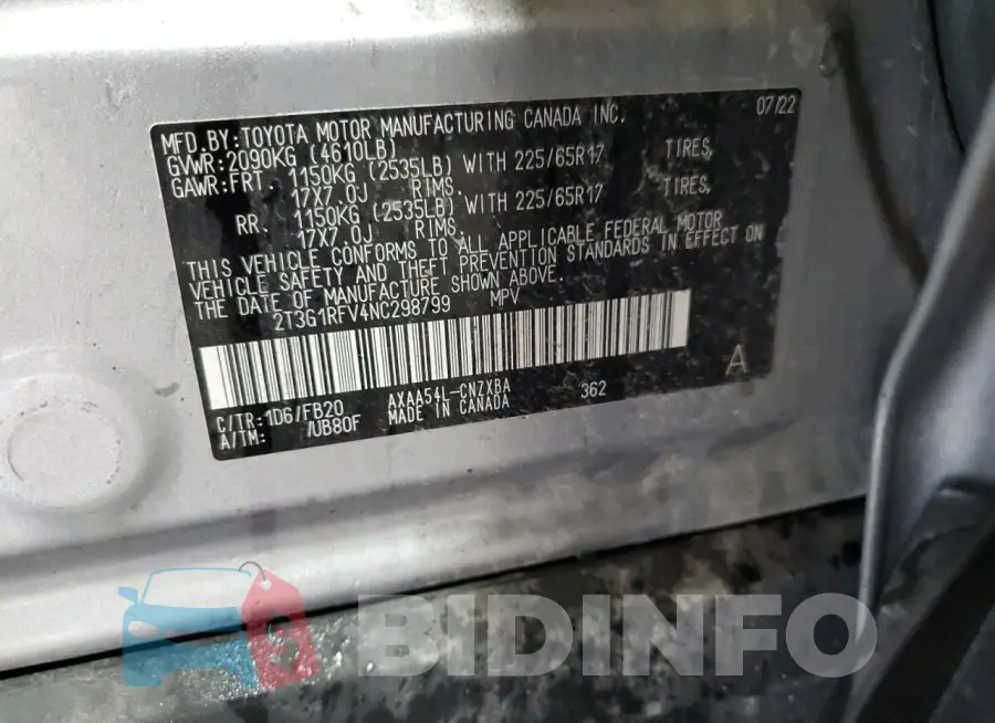 2T3G1RFV4NC298799 Photo# 13