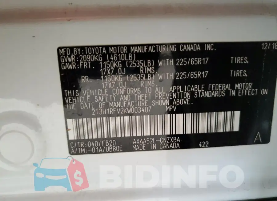 2T3H1RFV2KW003407 Photo# 13