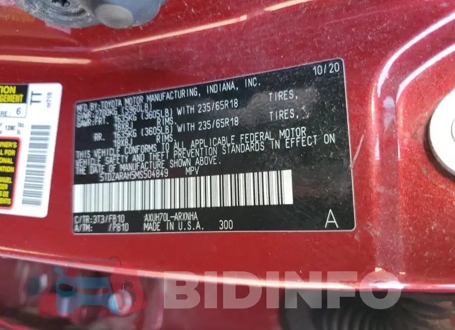 5TDZARAH5MS504849 Photo# 13