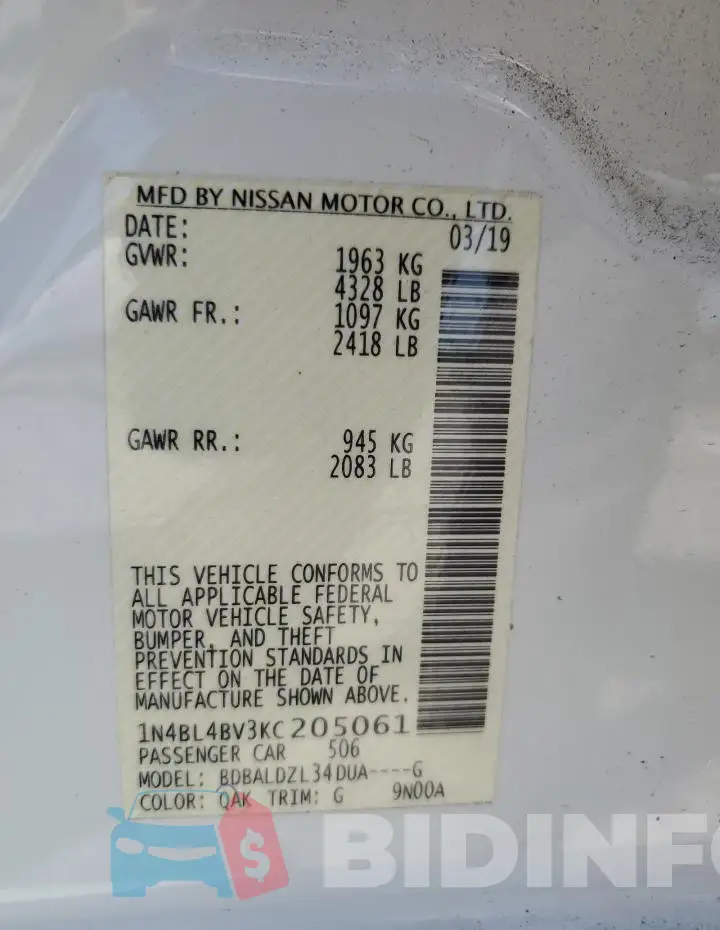 1N4BL4BV3KC205061 Photo# 12
