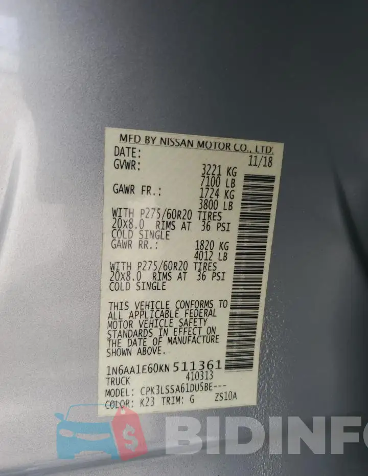 1N6AA1E60KN511361 Photo# 12