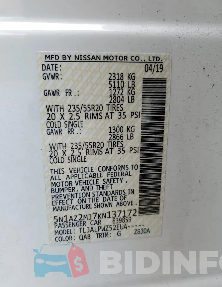 5N1AZ2MJ7KN137172 Photo# 13