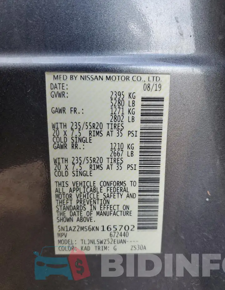 5N1AZ2MS6KN165702 Photo# 14