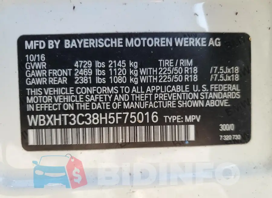 WBXHT3C38H5F75016 Photo# 13