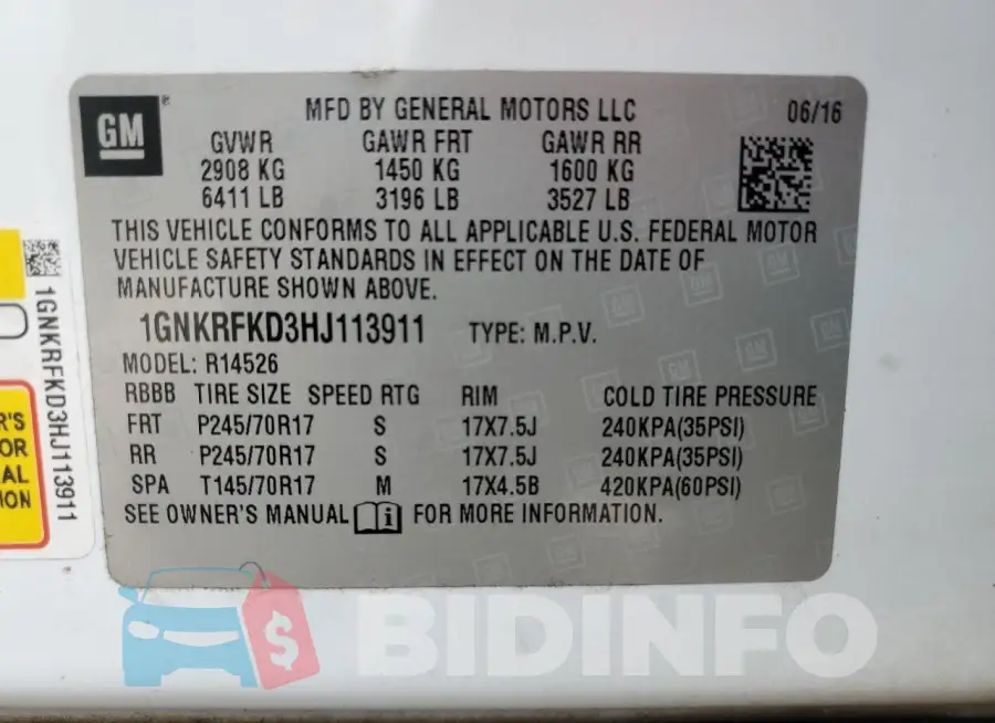 1GNKRFKD3HJ113911 Photo# 14