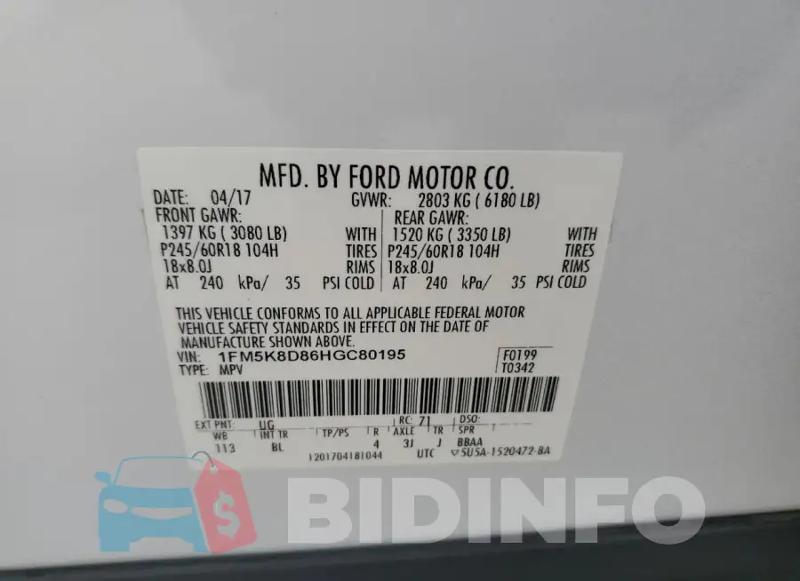 1FM5K8D86HGC80195 Photo# 13