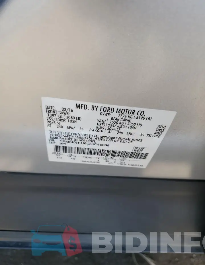 1FM5K8FH6GGC56068 Photo# 13