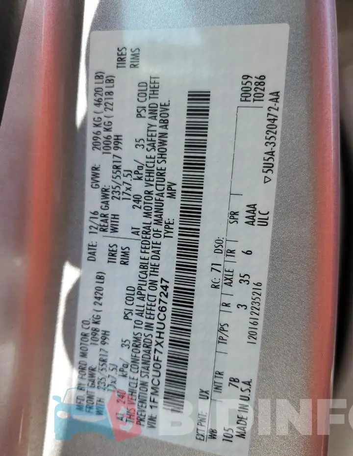 1FMCU0F7XHUC67247 Photo# 13