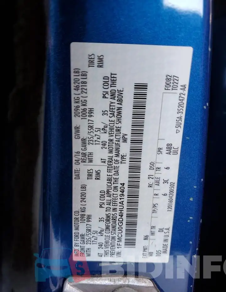 1FMCU0GD4HUA19404 Photo# 14