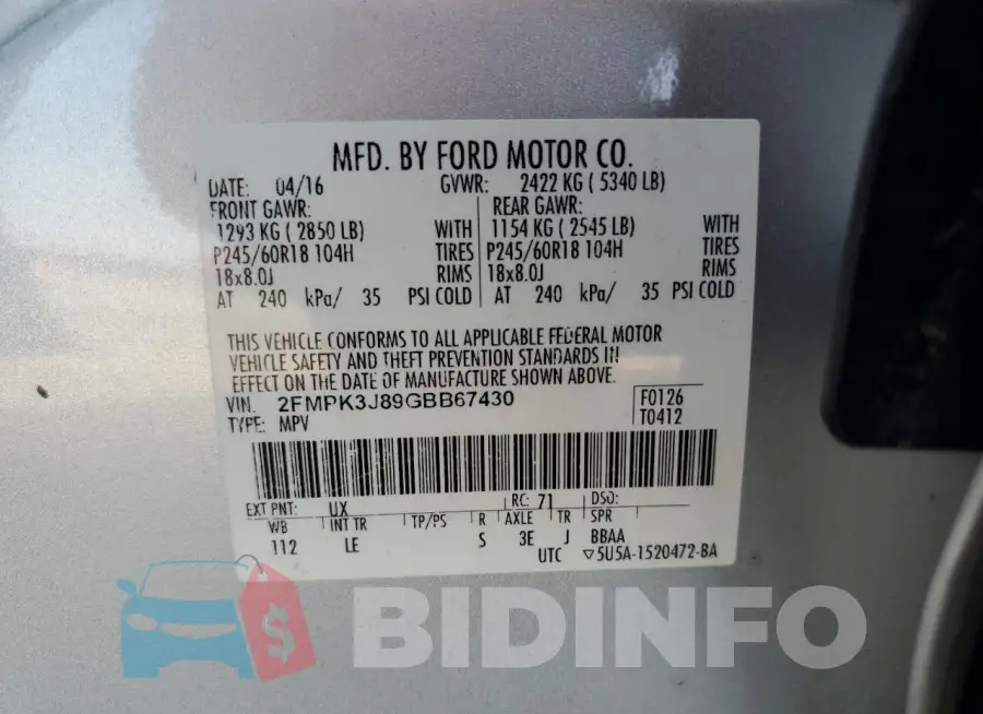 2FMPK3J89GBB67430 Photo# 13