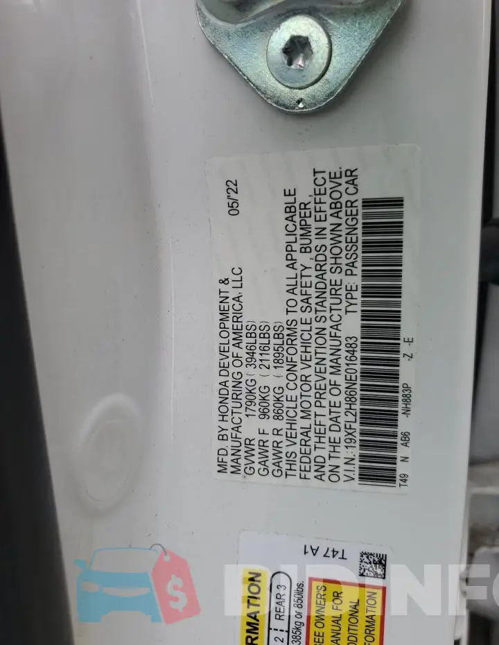 19XFL2H86NE016483 Photo# 12