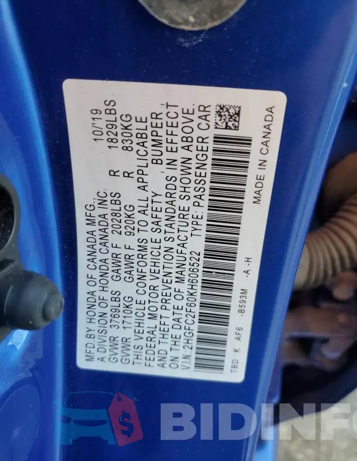 2HGFC2F60KH606522 Photo# 12