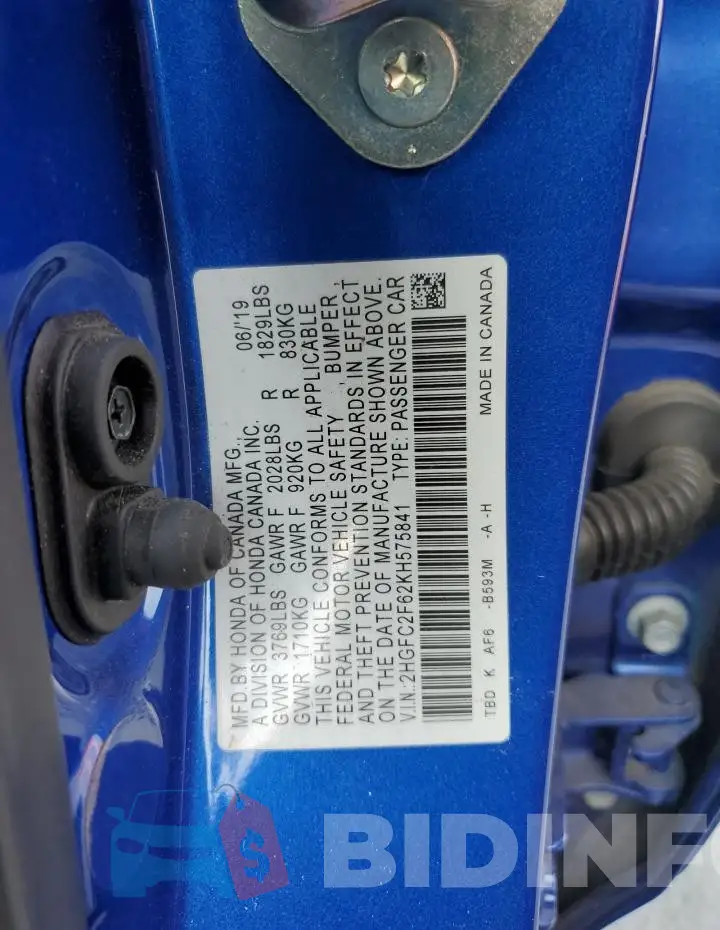 2HGFC2F62KH575841 Photo# 13