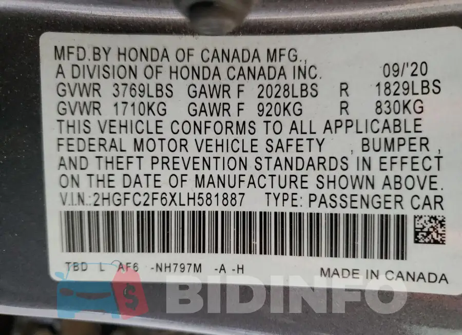 2HGFC2F6XLH581887 Photo# 12