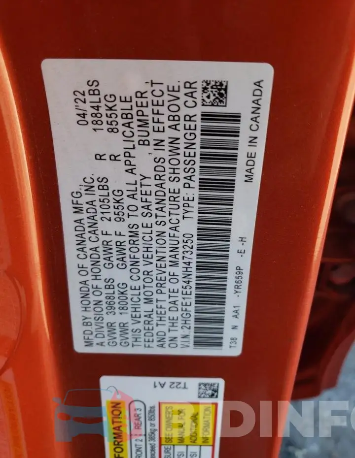 2HGFE1E54NH473250 Photo# 13
