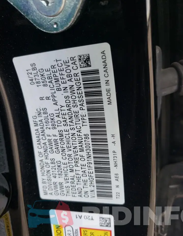 2HGFE1F91NH300786 Photo# 13
